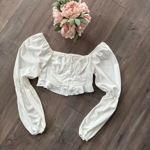 New SHEIN White Frenchy Bustier Poof Sleeve Crop Top